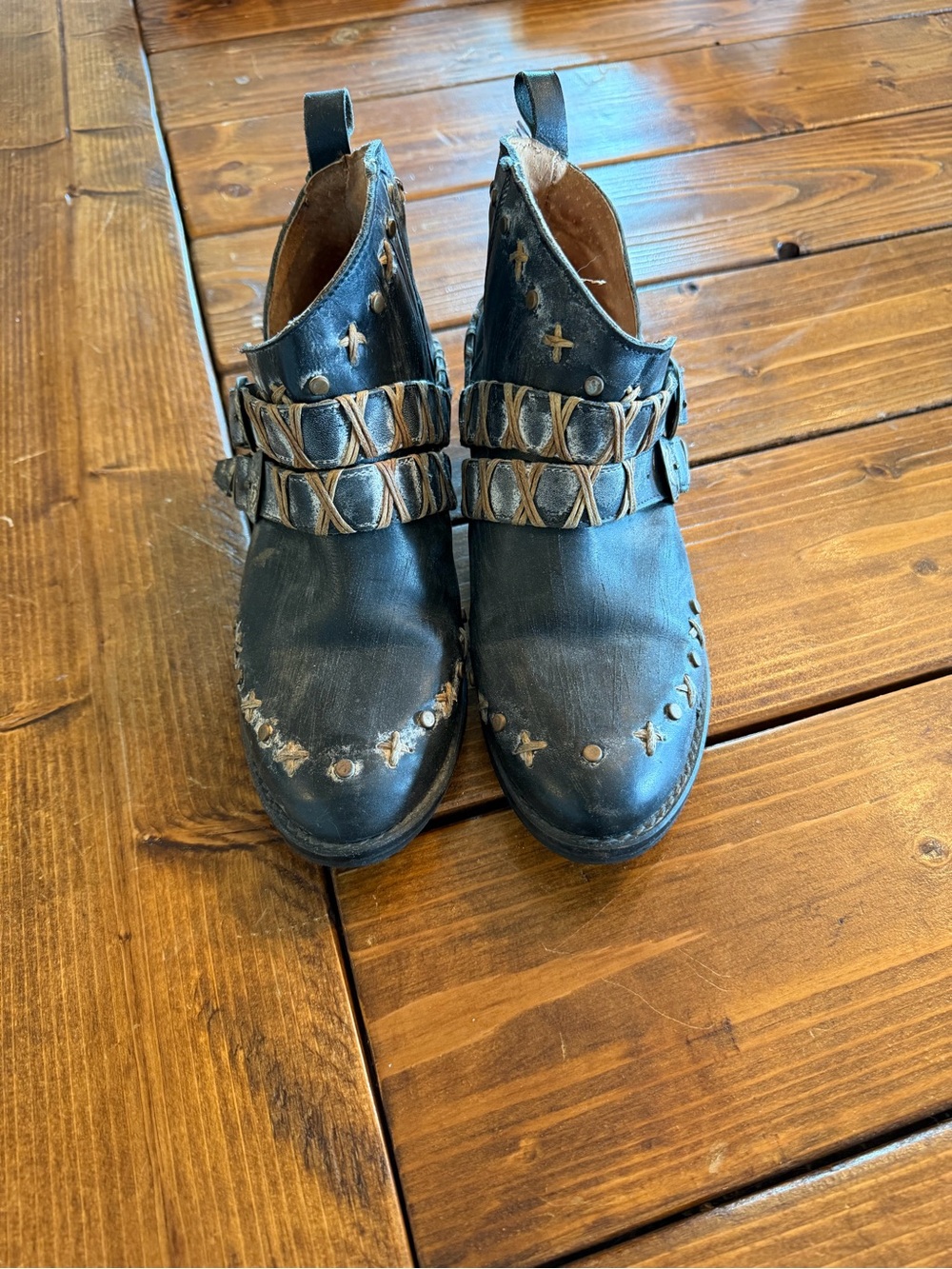 Circle G Black Leather Buckle Ankle Boots with Tan Accents